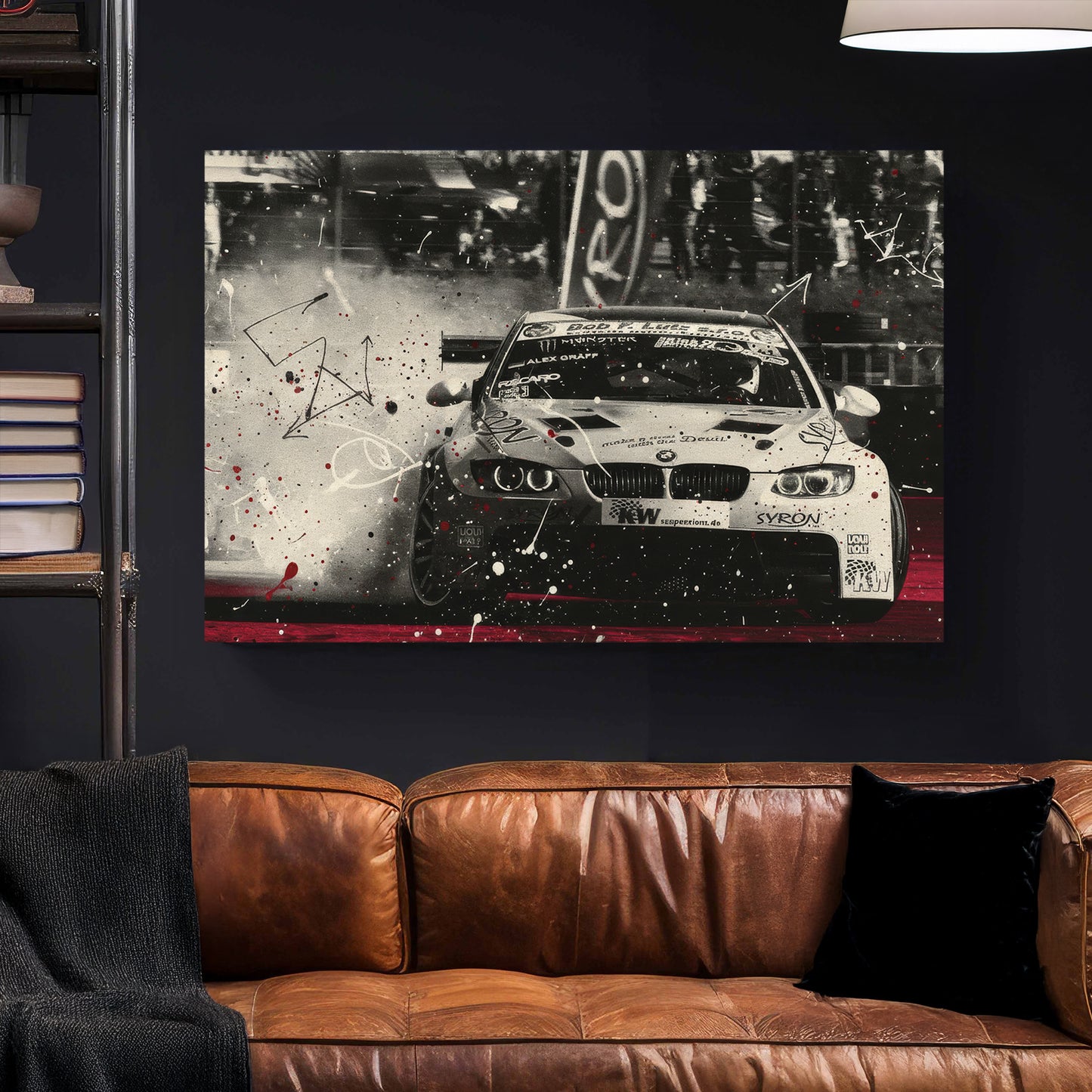 BMW Race Car Drift canvas wall art print styled in a modern interior