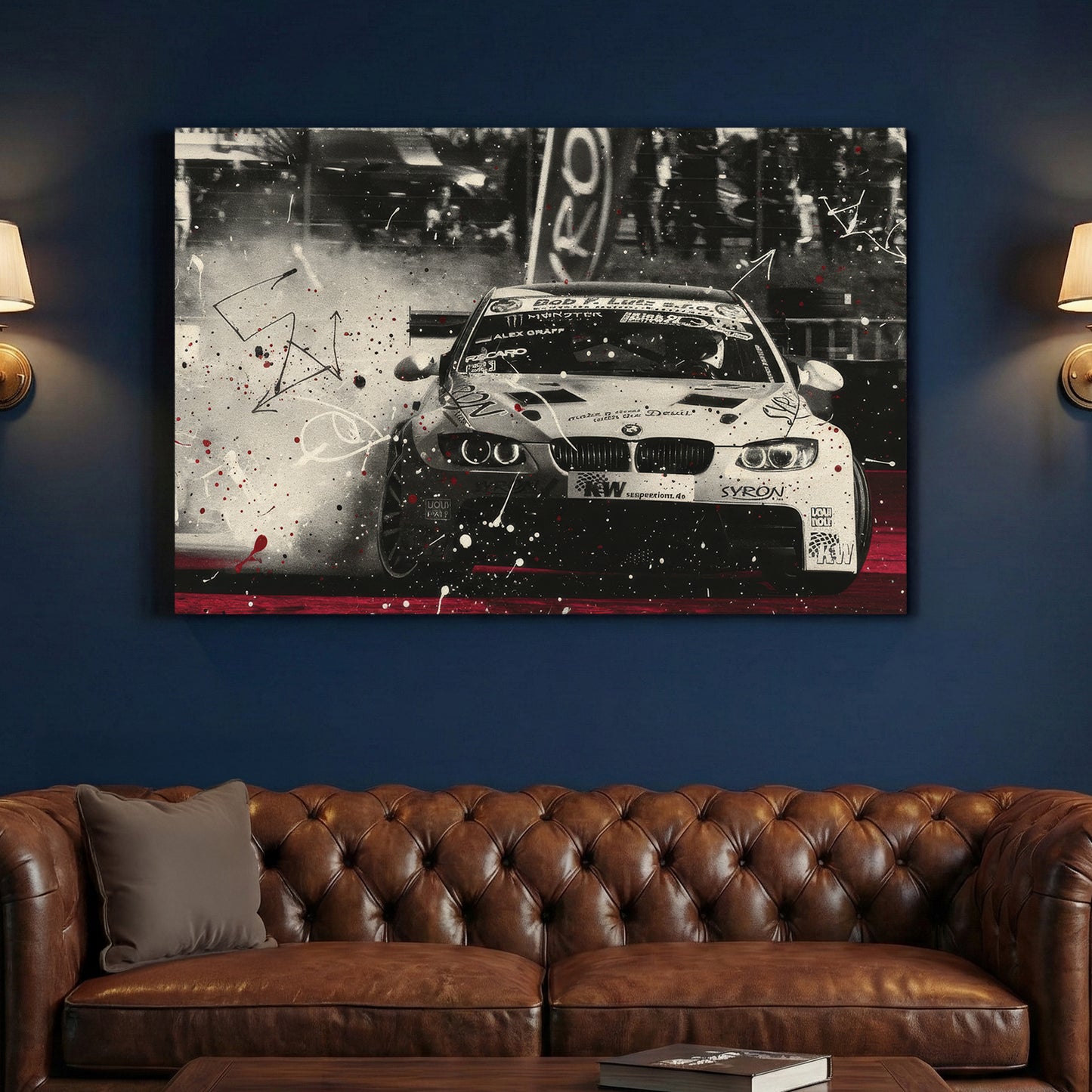 BMW Race Car Drift canvas wall art print above a sofa in a contemporary living room