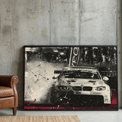 BMW Race Car Drift framed canvas wall art print in a gallery-style display
