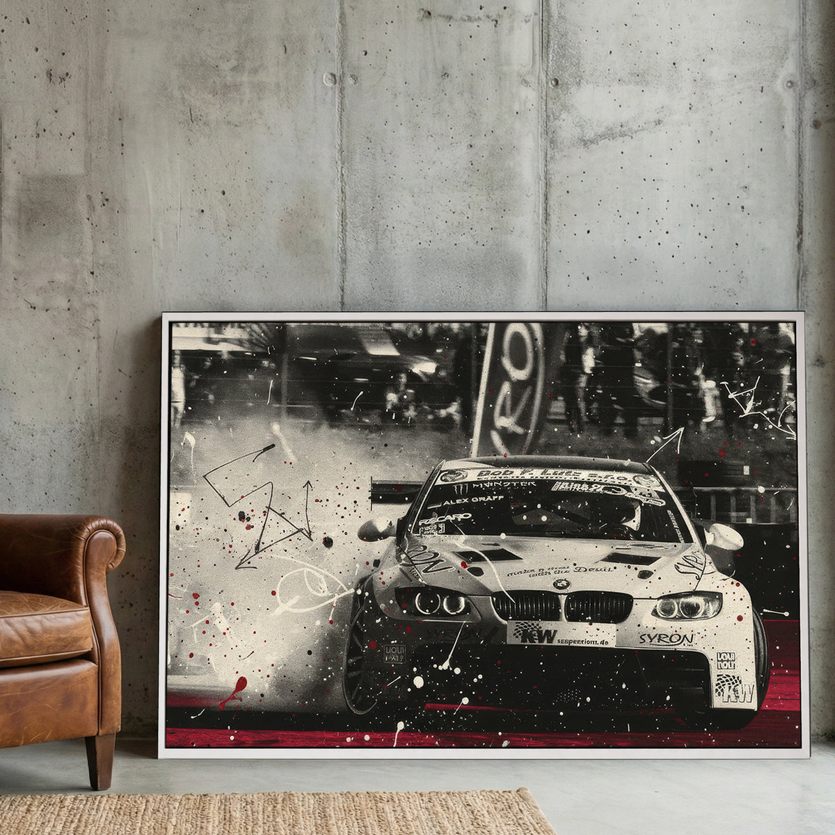 BMW Race Car Drift canvas wall art print displayed in a styled living room