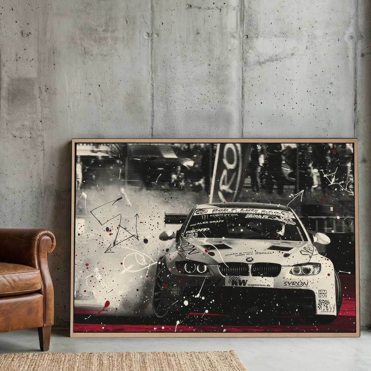 BMW Race Car Drift canvas wall art print displayed in a styled living room