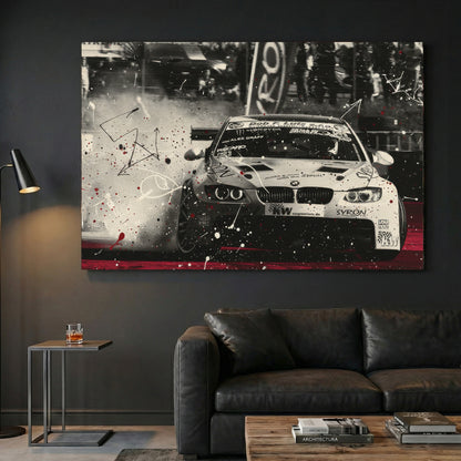 BMW Race Car Drift canvas wall art print displayed in a styled living room