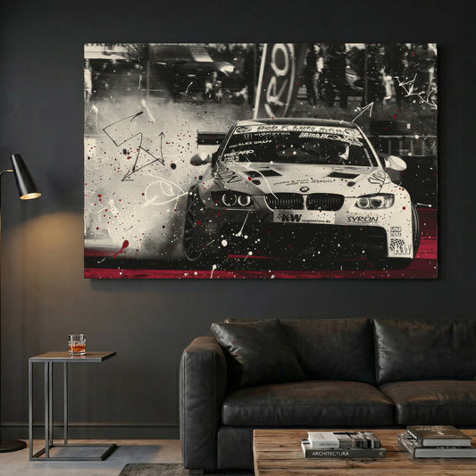 BMW Race Car Drift canvas wall art print displayed in a styled living room