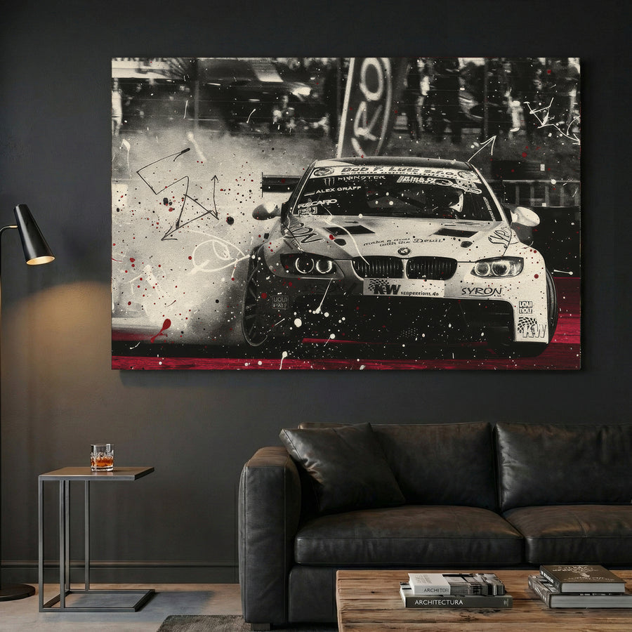 BMW Race Car Drift canvas wall art print displayed in a styled living room