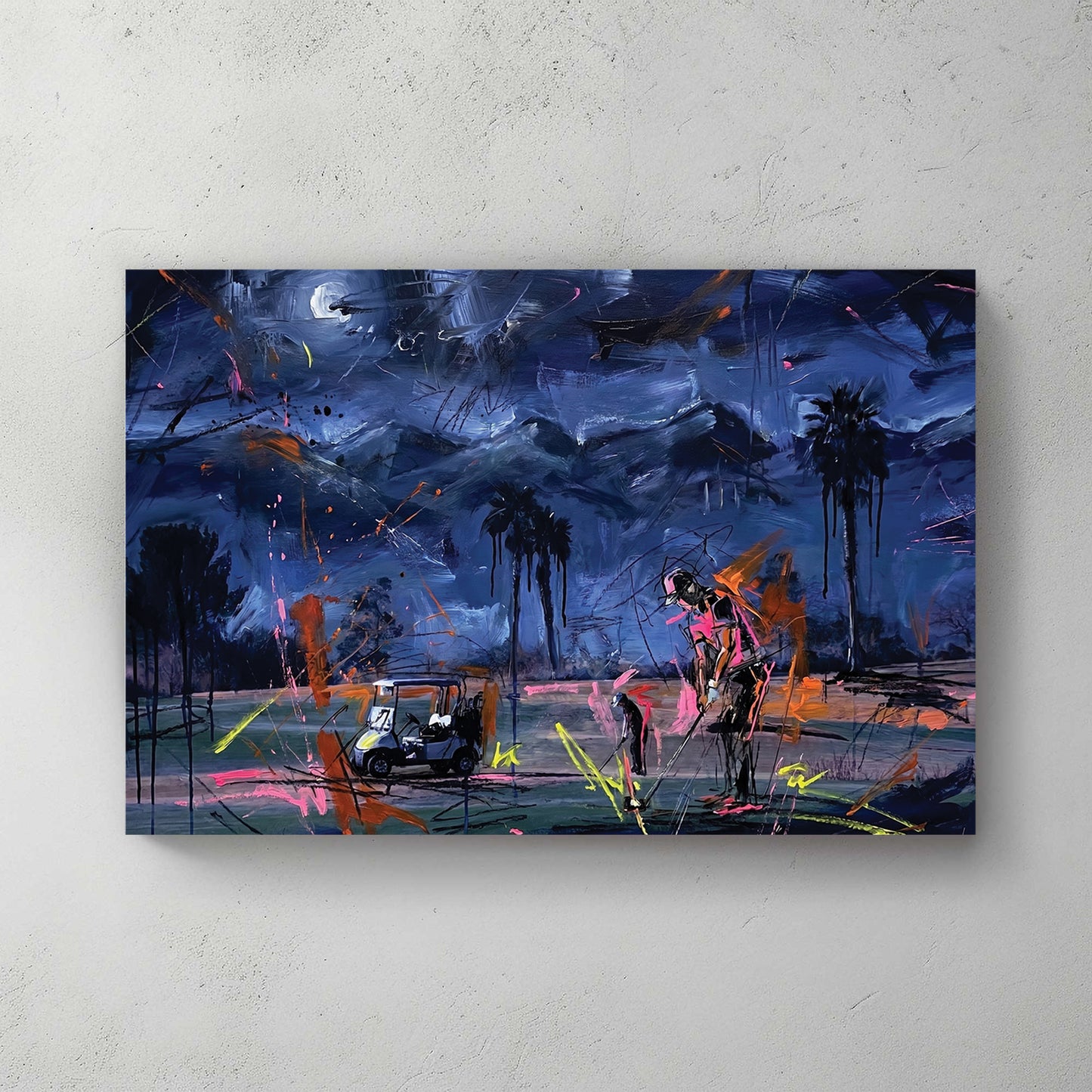 Night golf course in Palm Springs, fireworks in sky, palm trees, lit fairway, two figures, painterly — canvas wall art print
