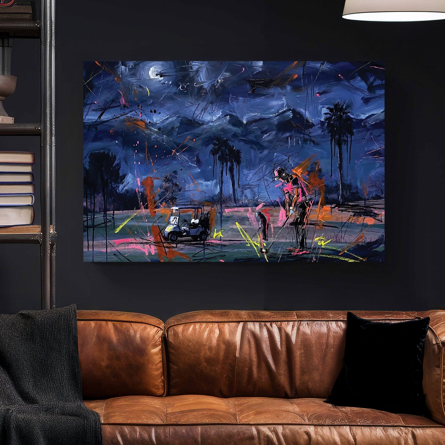 Palm Springs Night Golf Course Painting canvas wall art print styled in a modern interior