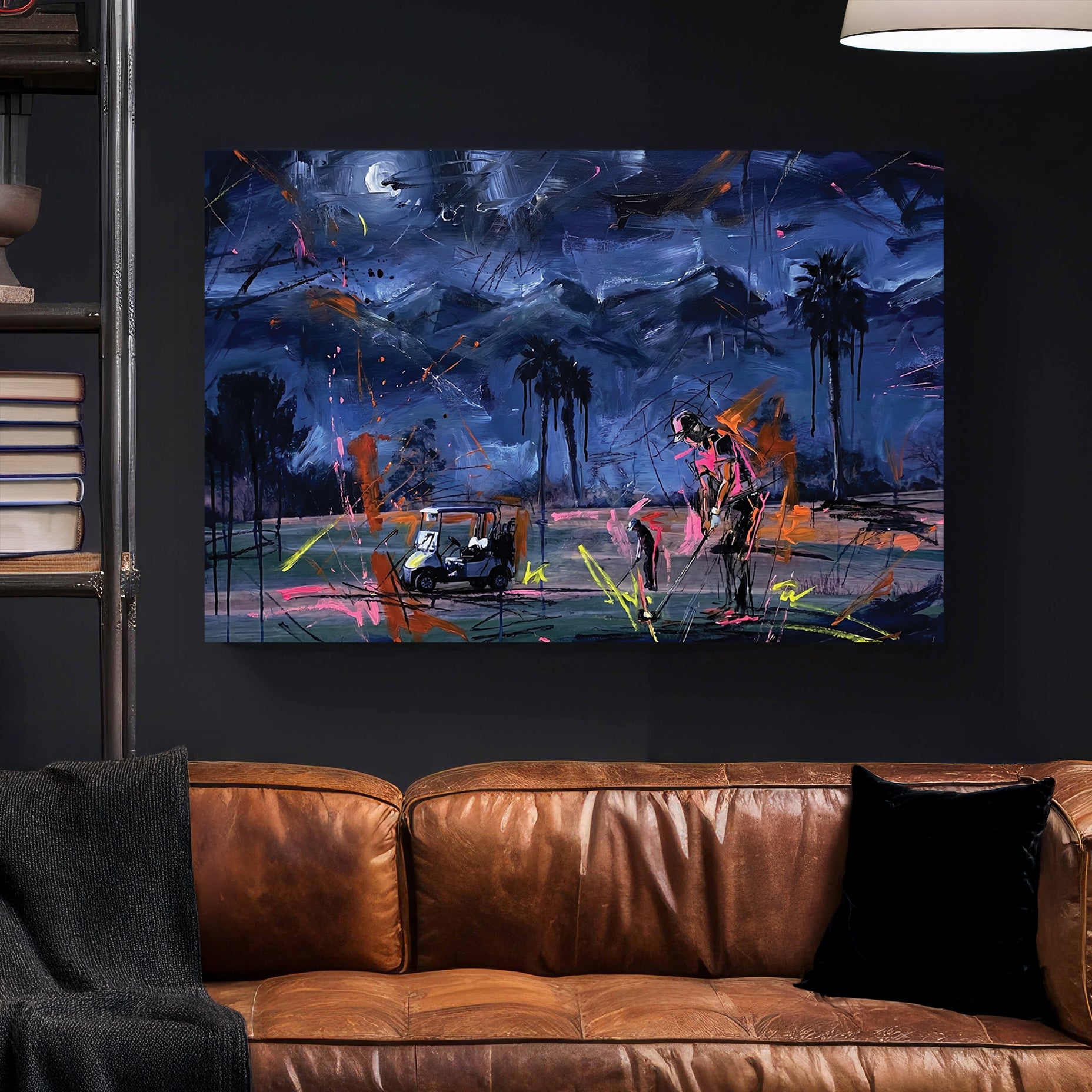 Palm Springs Night Golf Course Painting canvas wall art print styled in a modern interior