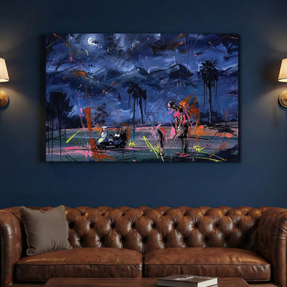Palm Springs Night Golf Course Painting canvas wall art print above a sofa in a contemporary living room