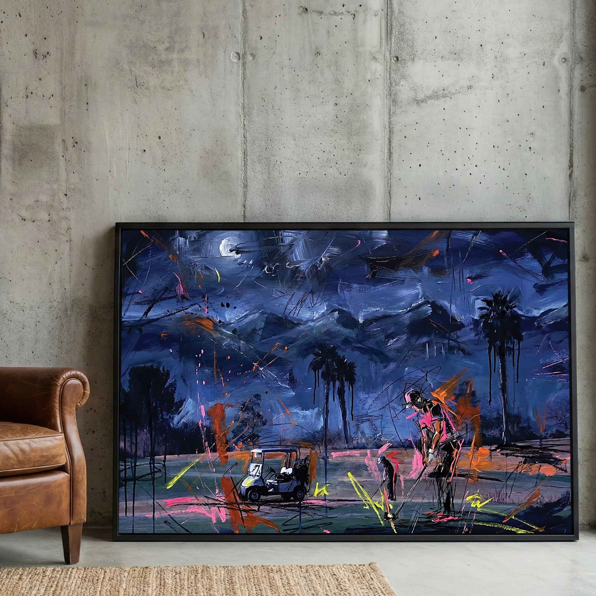 Palm Springs Night Golf Course Painting framed canvas wall art print in a gallery-style display
