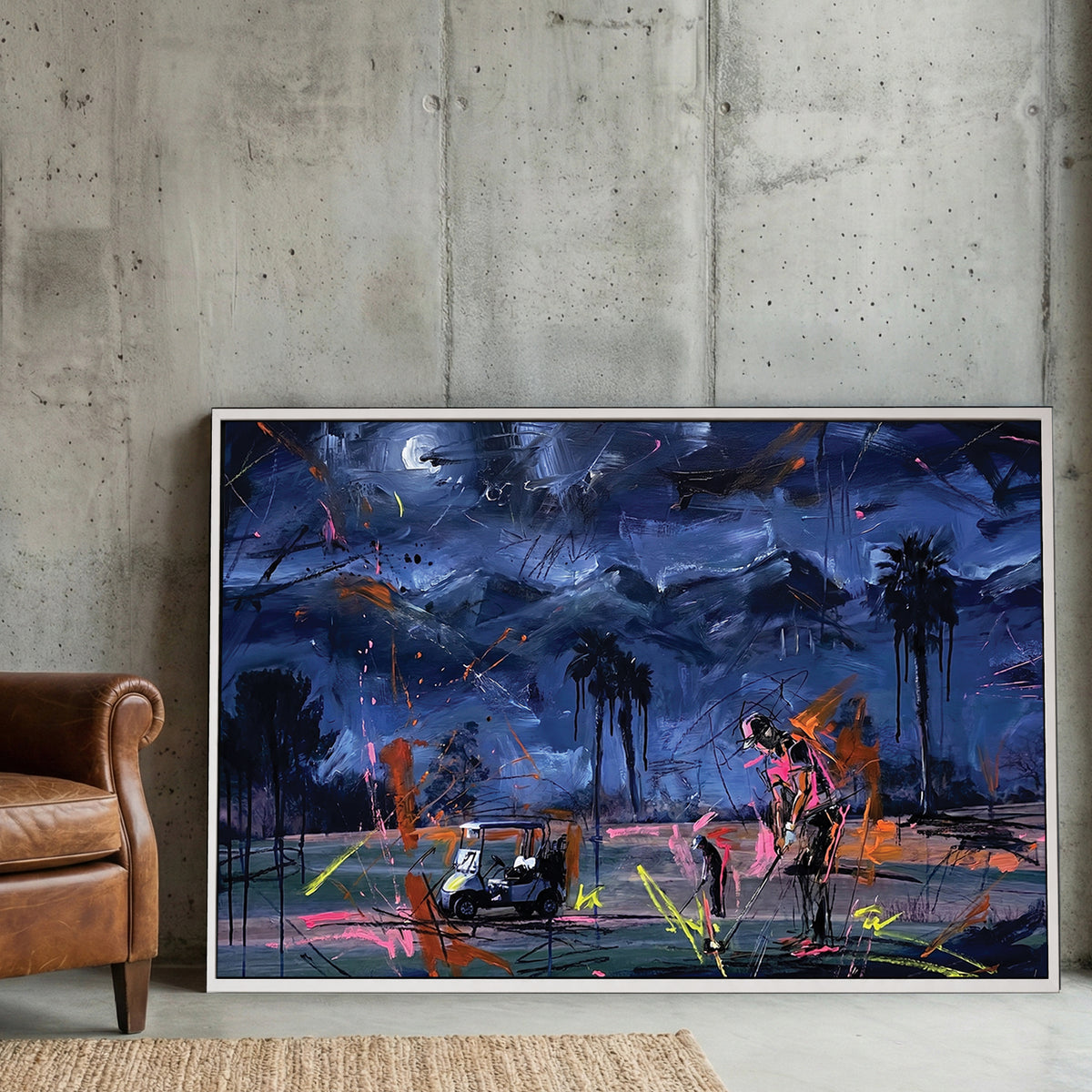 Palm Springs Night Golf Course Painting canvas wall art print displayed in a styled living room