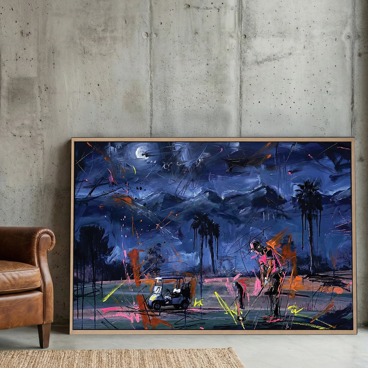 Palm Springs Night Golf Course Painting canvas wall art print displayed in a styled living room