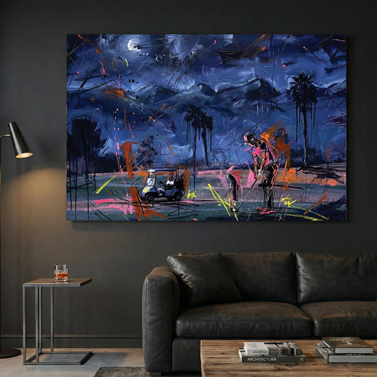 Palm Springs Night Golf Course Painting canvas wall art print displayed in a styled living room