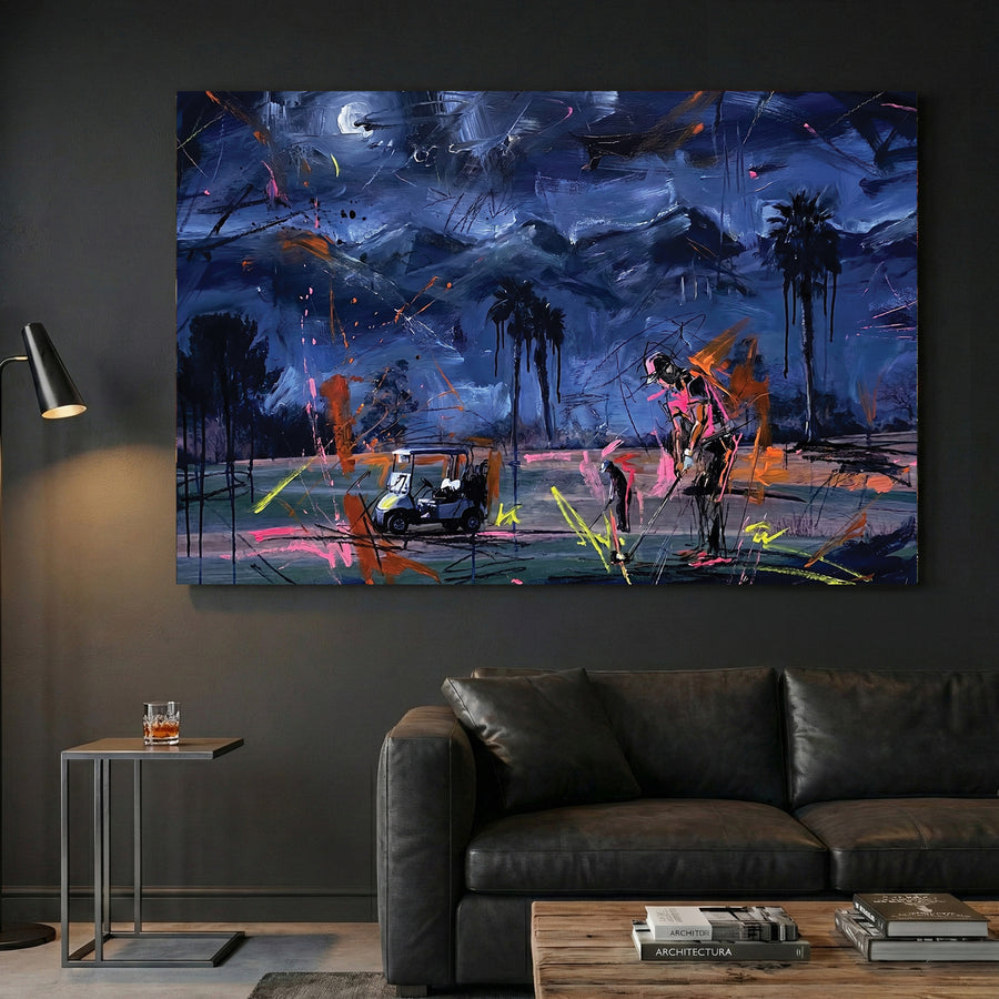 Palm Springs Night Golf Course Painting canvas wall art print displayed in a styled living room