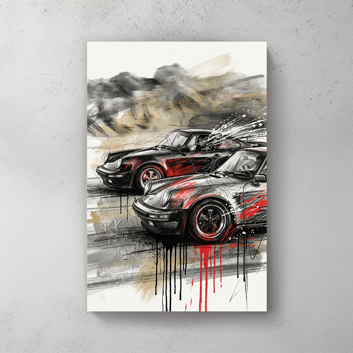 Two Porsche 911s racing through mountain road, one black and one grey, red paint splatter strokes (no red car), dynamic motion — canvas wall art print