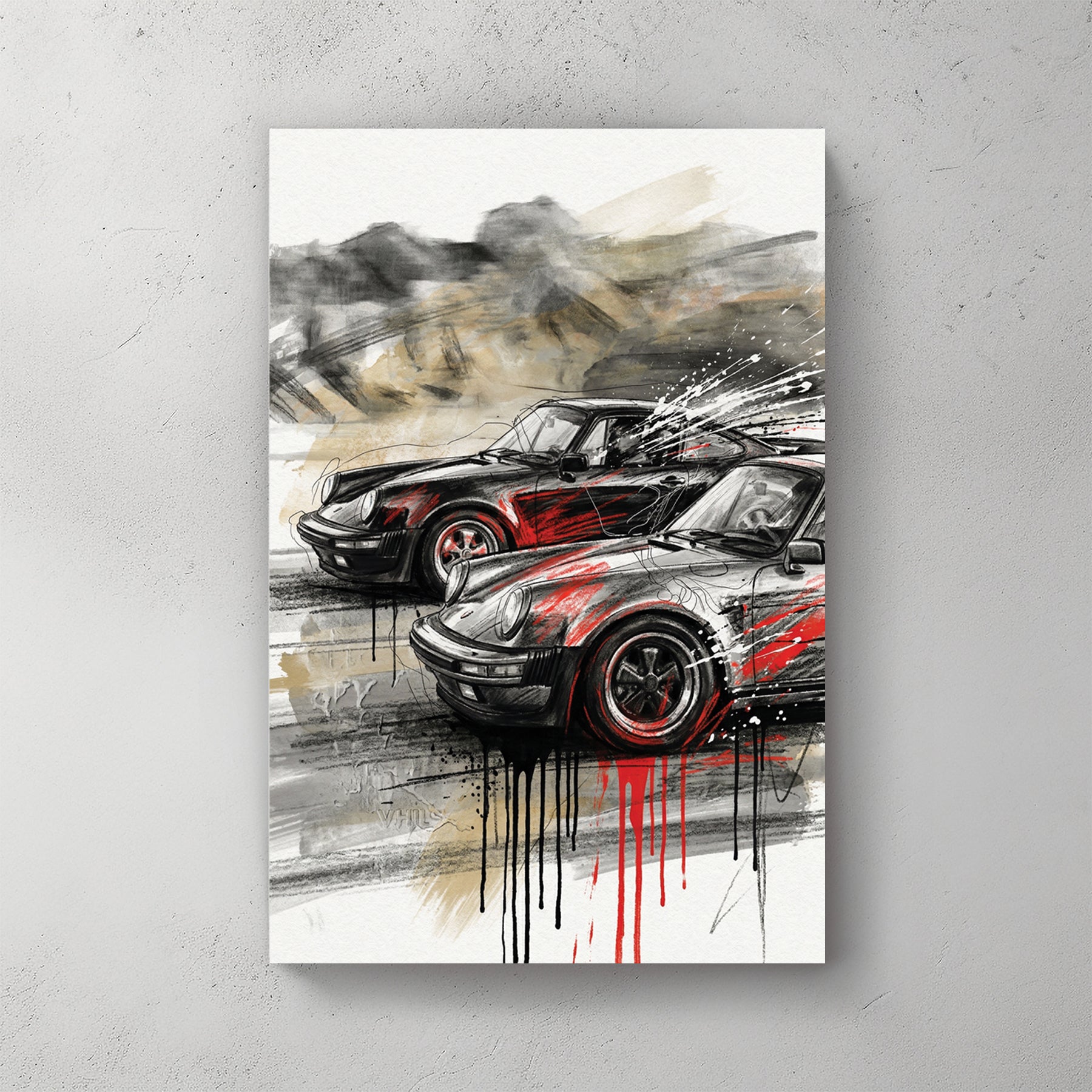 Two Porsche 911s racing through mountain road, one black and one grey, red paint splatter strokes (no red car), dynamic motion — canvas wall art print