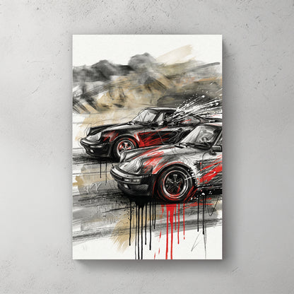 Two Porsche 911s racing through mountain road, one black and one grey, red paint splatter strokes (no red car), dynamic motion — canvas wall art print