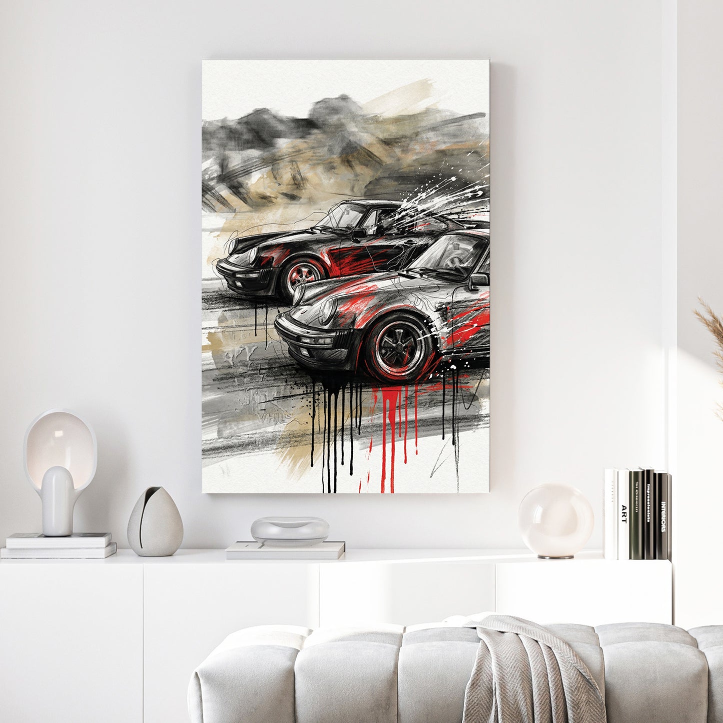 Black and Grey Porsche 911 Sports Car canvas wall art print above a sofa in a contemporary living room