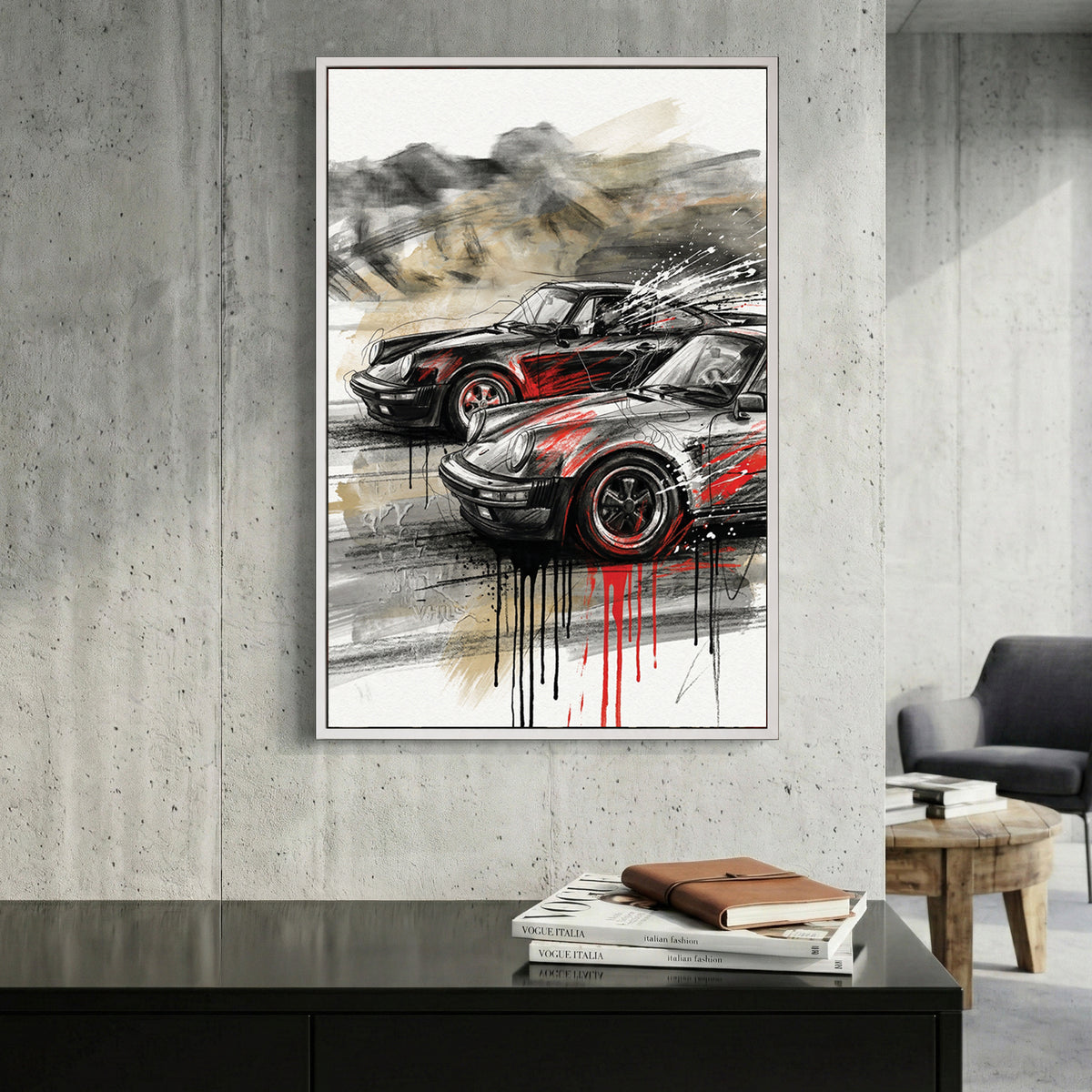 Black and Grey Porsche 911 Sports Car canvas wall art print displayed in a styled living room