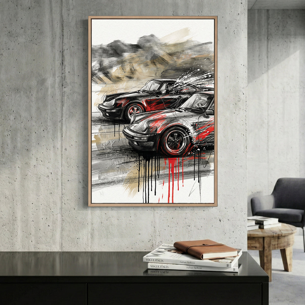 Black and Grey Porsche 911 Sports Car canvas wall art print displayed in a styled living room