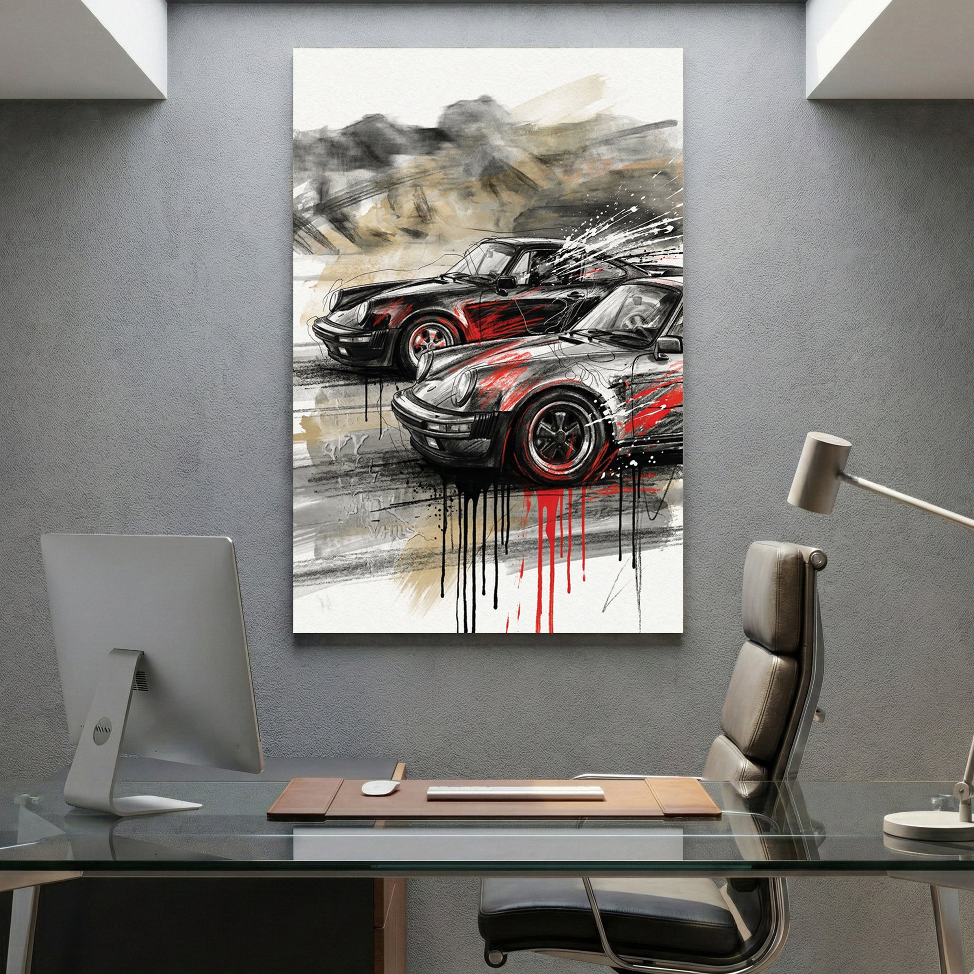 Black and Grey Porsche 911 Sports Car canvas wall art print displayed in a styled living room