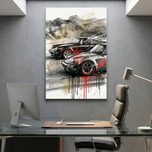 Black and Grey Porsche 911 Sports Car canvas wall art print displayed in a styled living room