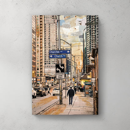 Toronto Church and Churchill street signs, Centre Lane Only road sign, downtown street, person walking, watercolour and ink — canvas wall art print