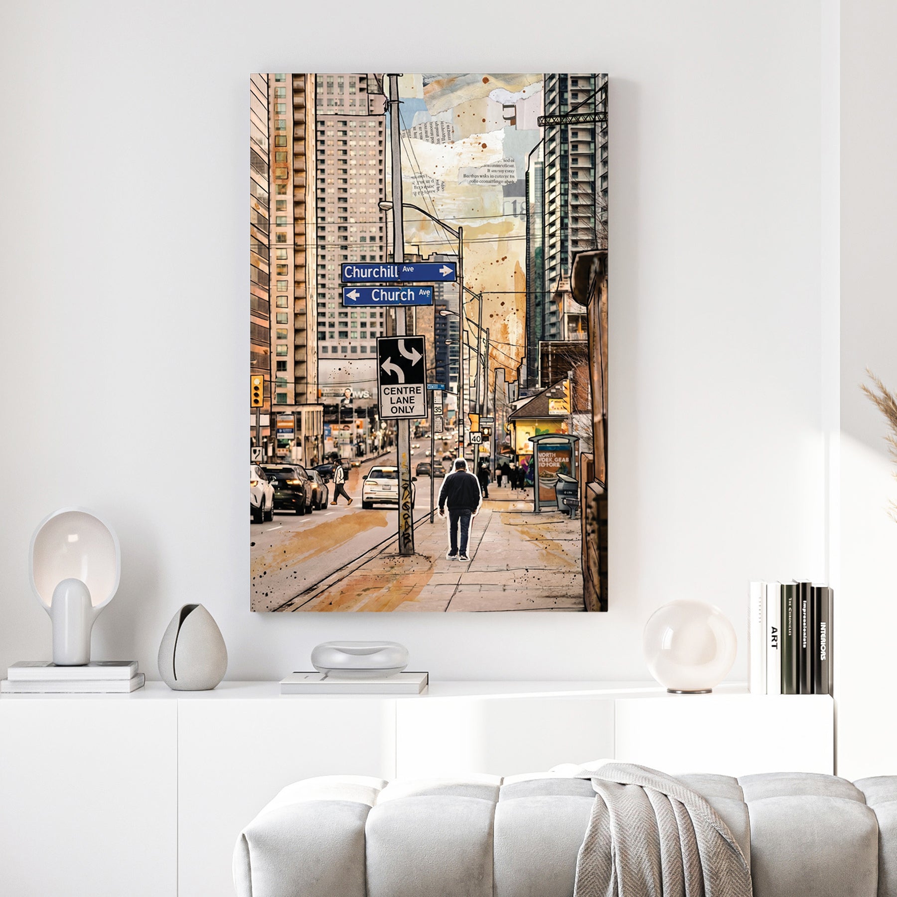 Toronto Church Street Painting canvas wall art print above a sofa in a contemporary living room