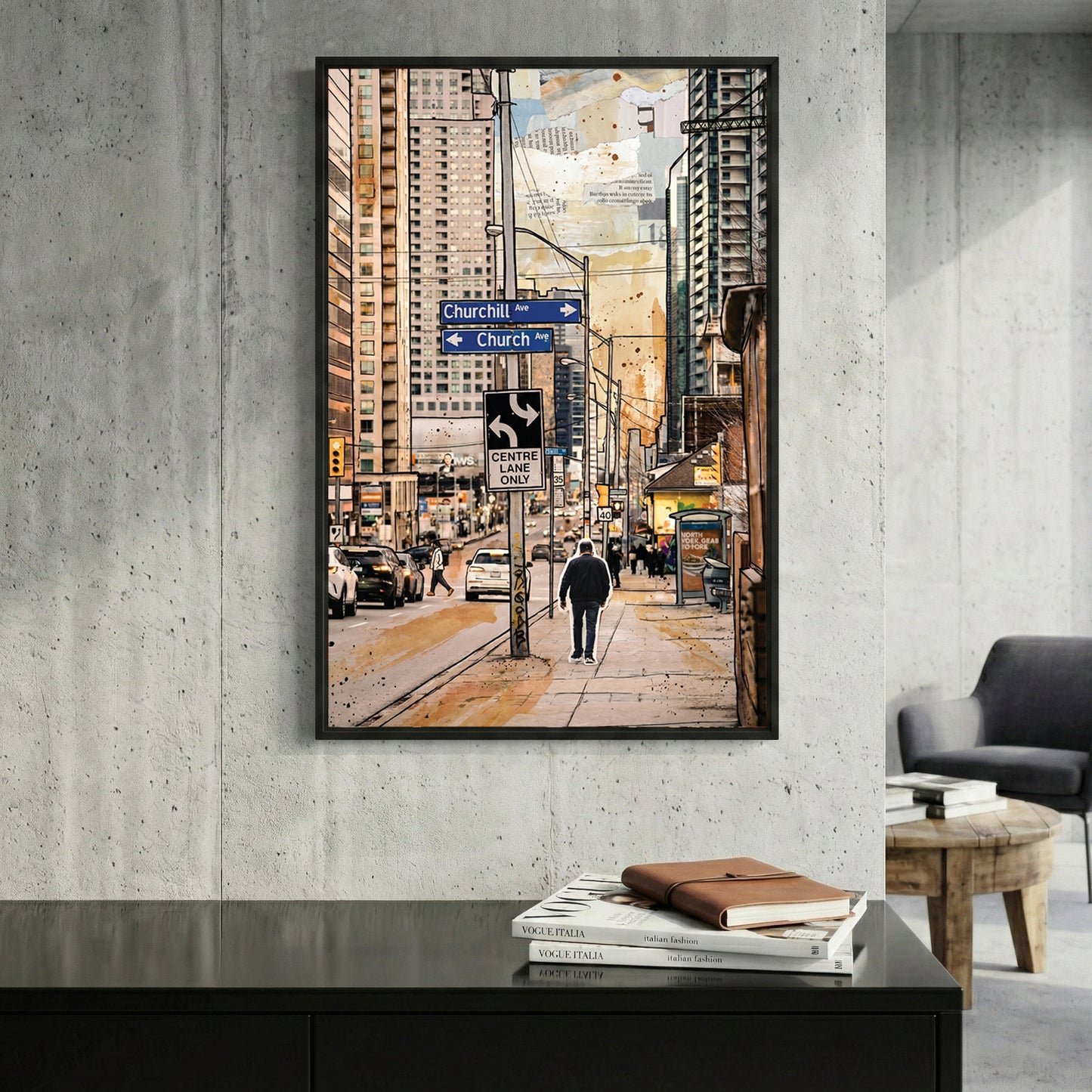 Toronto Church Street Painting framed canvas wall art print in a gallery-style display