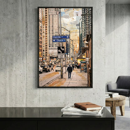 Toronto Church Street Painting framed canvas wall art print in a gallery-style display
