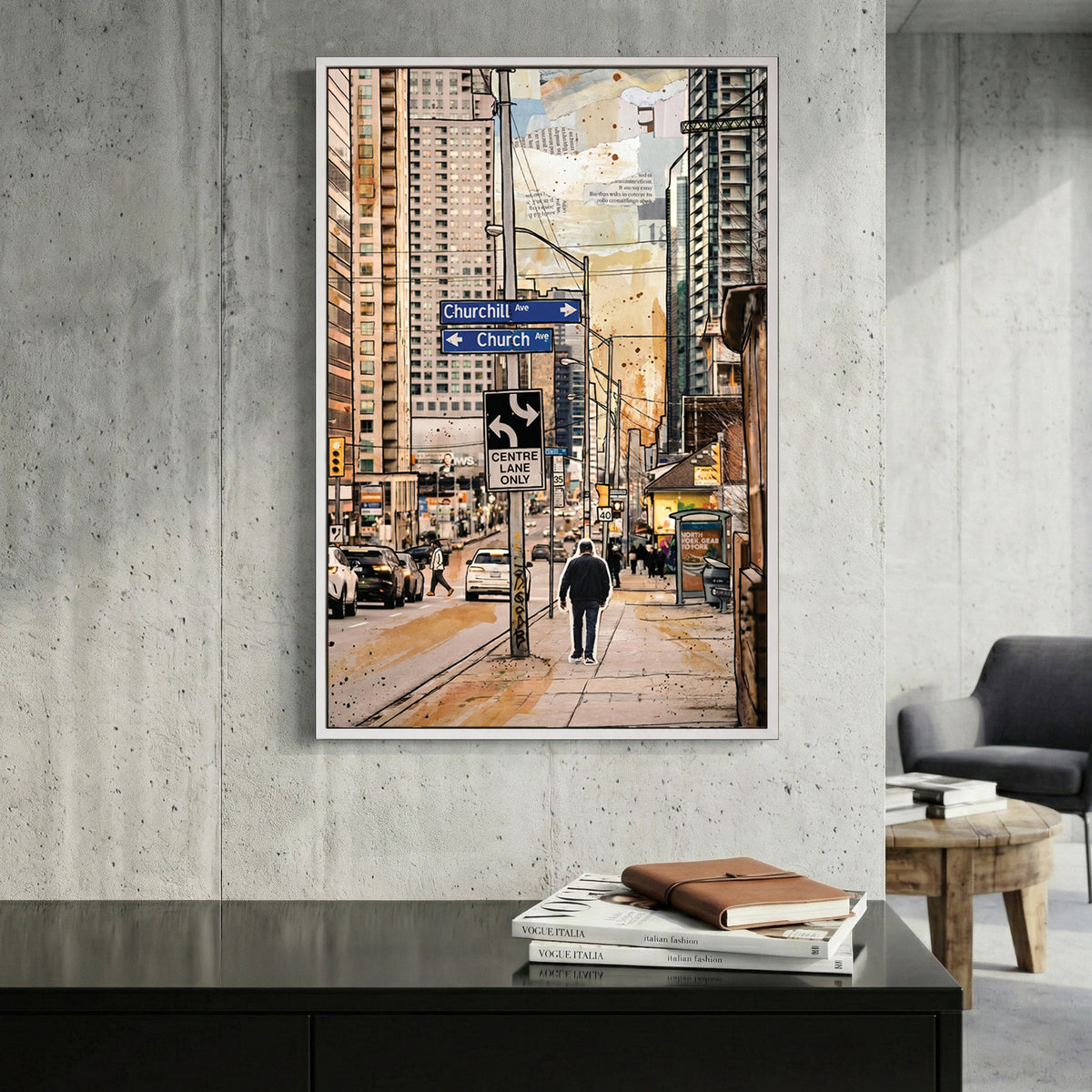 Toronto Church Street Painting canvas wall art print displayed in a styled living room