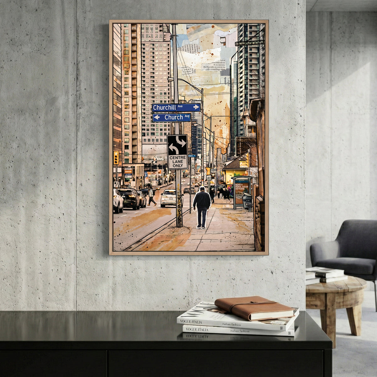 Toronto Church Street Painting canvas wall art print displayed in a styled living room