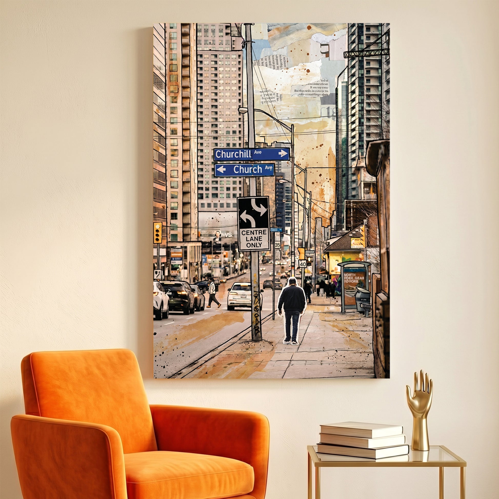 Toronto Church Street Painting canvas wall art print displayed in a styled living room