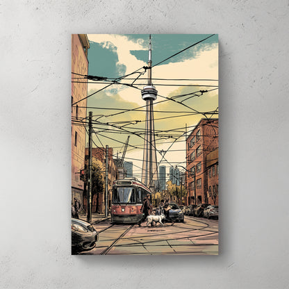 Toronto streetcar in front of CN Tower, tangle of overhead wires, blue sky with clouds, illustrated comic-style — canvas wall art print