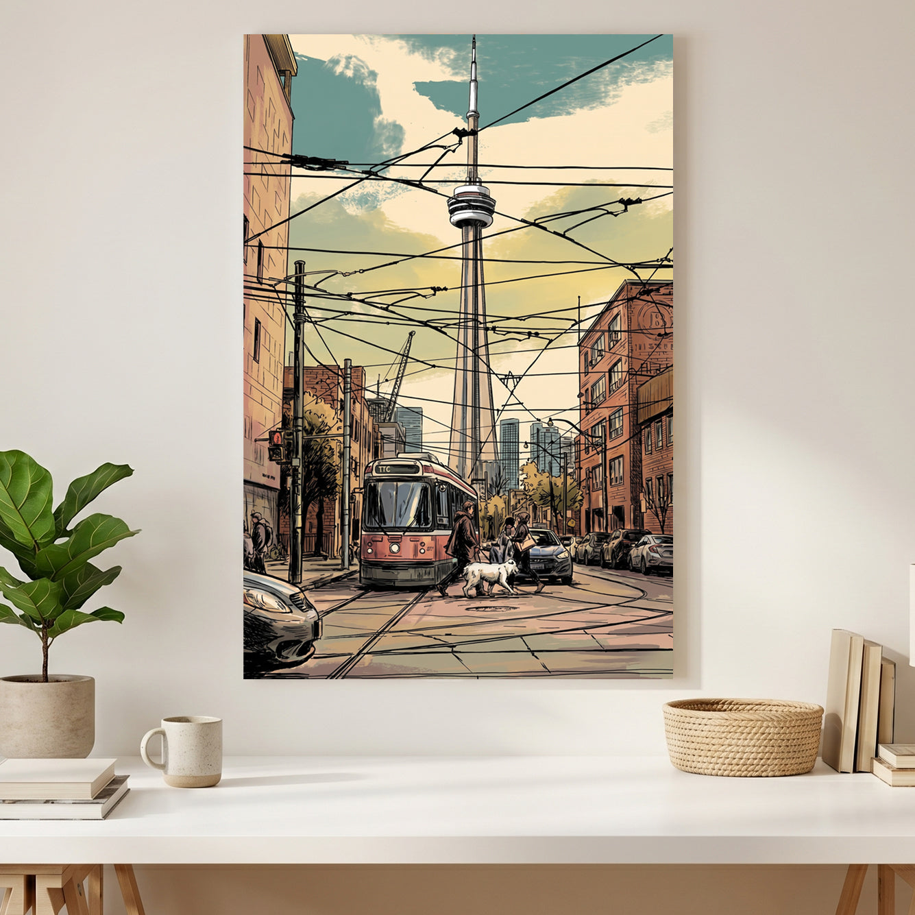 Toronto CN Tower Streetcar canvas wall art print styled in a modern interior