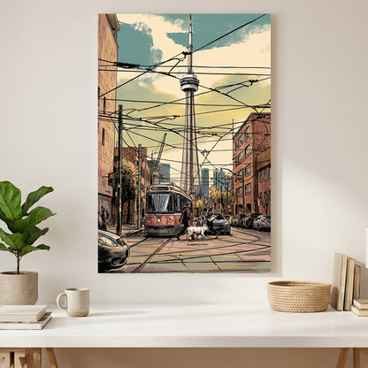 Toronto CN Tower Streetcar canvas wall art print styled in a modern interior