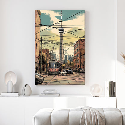 Toronto CN Tower Streetcar canvas wall art print above a sofa in a contemporary living room