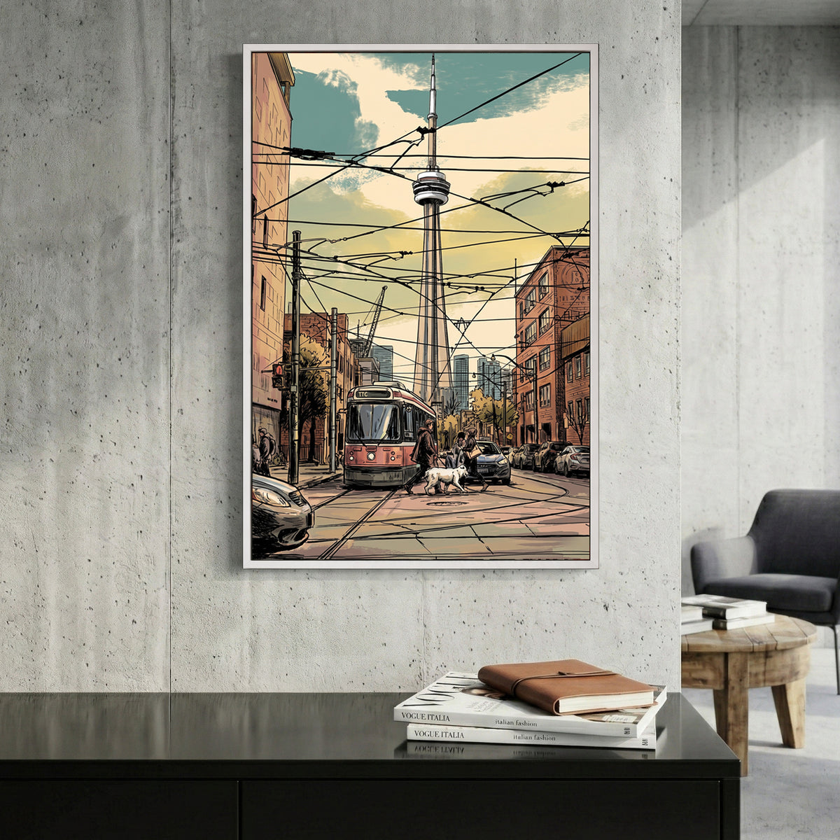 Toronto CN Tower Streetcar canvas wall art print displayed in a styled living room