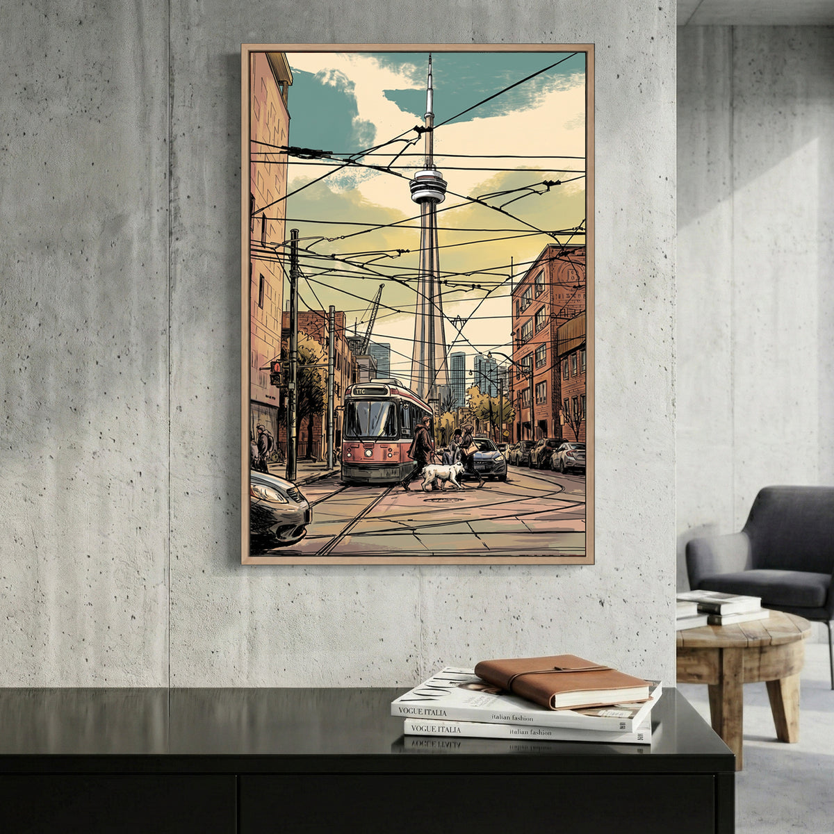 Toronto CN Tower Streetcar canvas wall art print displayed in a styled living room