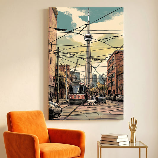 Toronto CN Tower Streetcar canvas wall art print displayed in a styled living room
