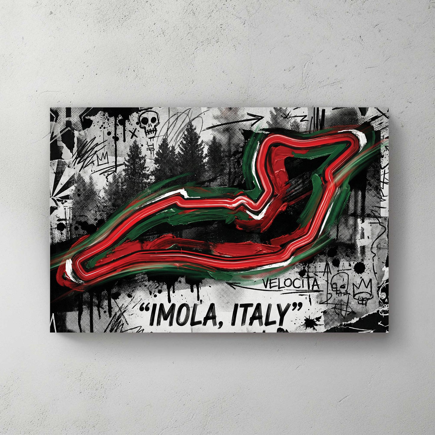 Imola Italy F1 circuit map, red green and white Italian flag colours, graffiti style with skulls and crowns, black background — canvas wall art print