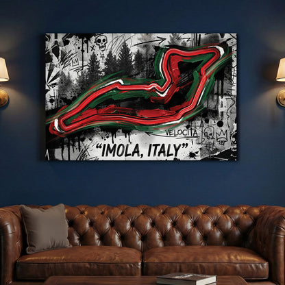 Imola Italy F1 Circuit Map Graffiti canvas wall art print above a sofa in a contemporary living room