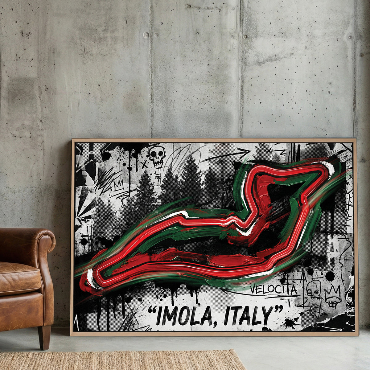 Imola Italy F1 Circuit Map Graffiti canvas wall art print displayed in a styled living room