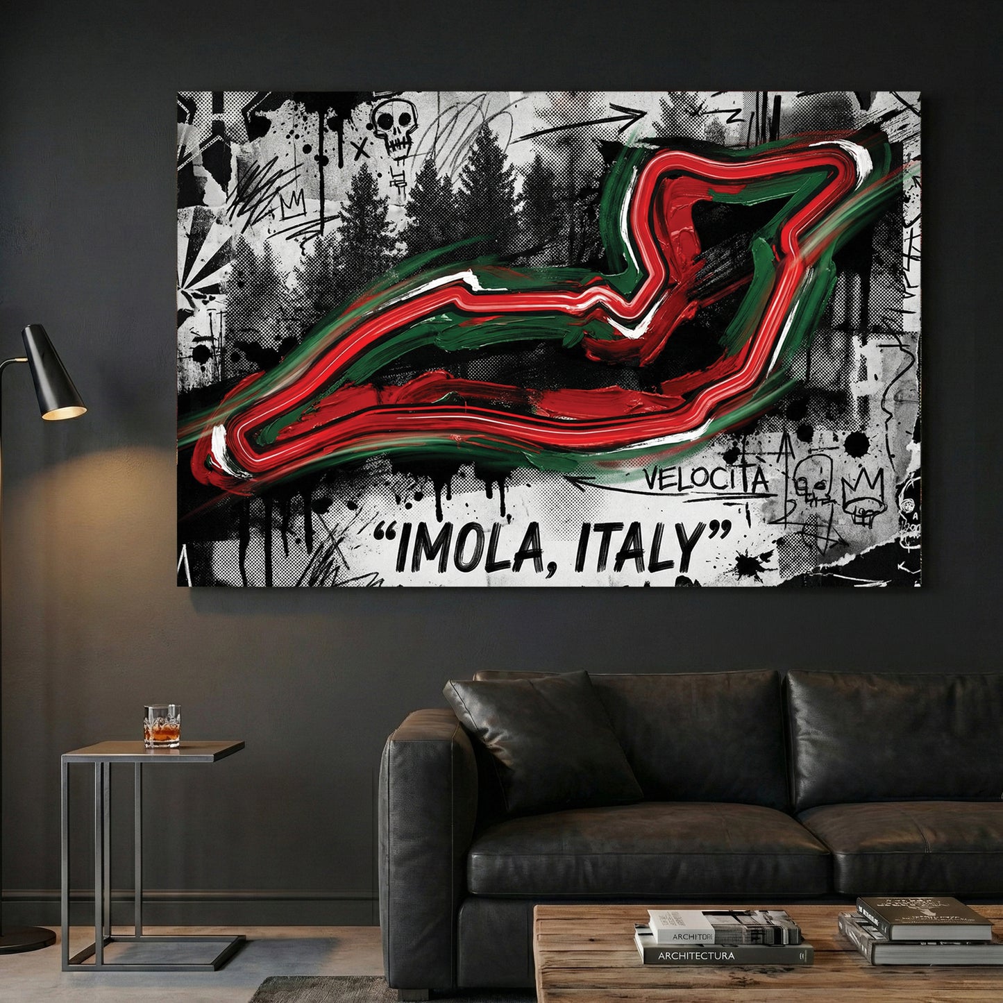 Imola Italy F1 Circuit Map Graffiti canvas wall art print displayed in a styled living room