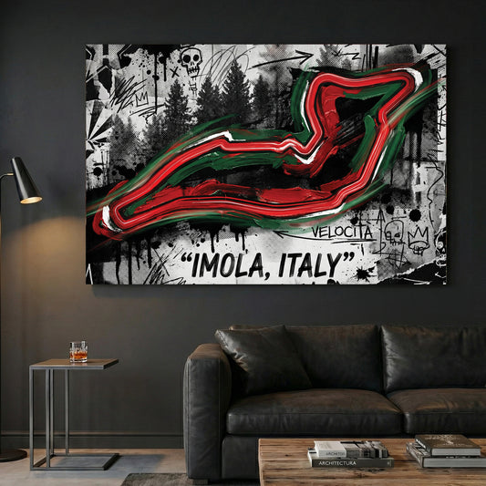 Imola Italy F1 Circuit Map Graffiti canvas wall art print displayed in a styled living room