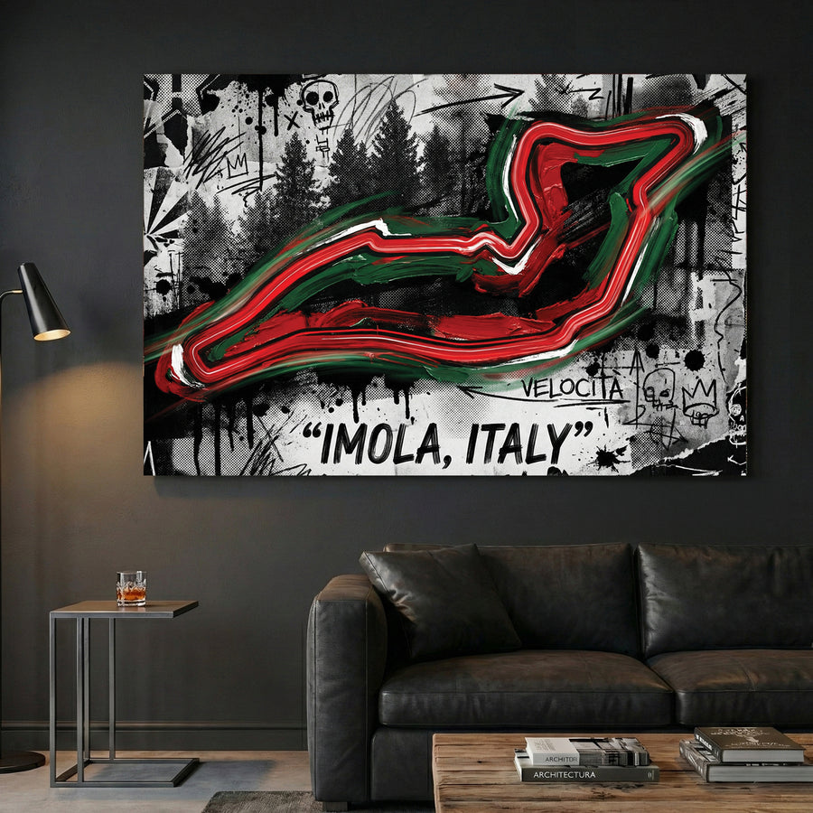 Imola Italy F1 Circuit Map Graffiti canvas wall art print displayed in a styled living room