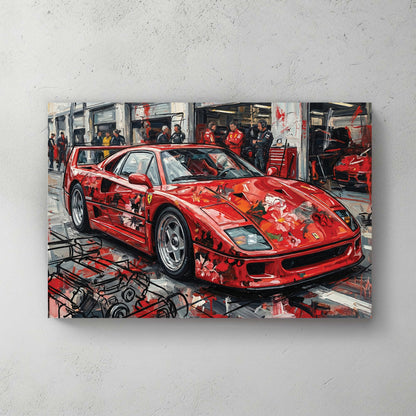 Red Ferrari F40 in the pit garage, mechanics in red Ferrari uniforms in background, painterly oil style with floral motif on hood — canvas wall art print