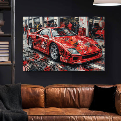 Red Ferrari F40 Supercar canvas wall art print styled in a modern interior
