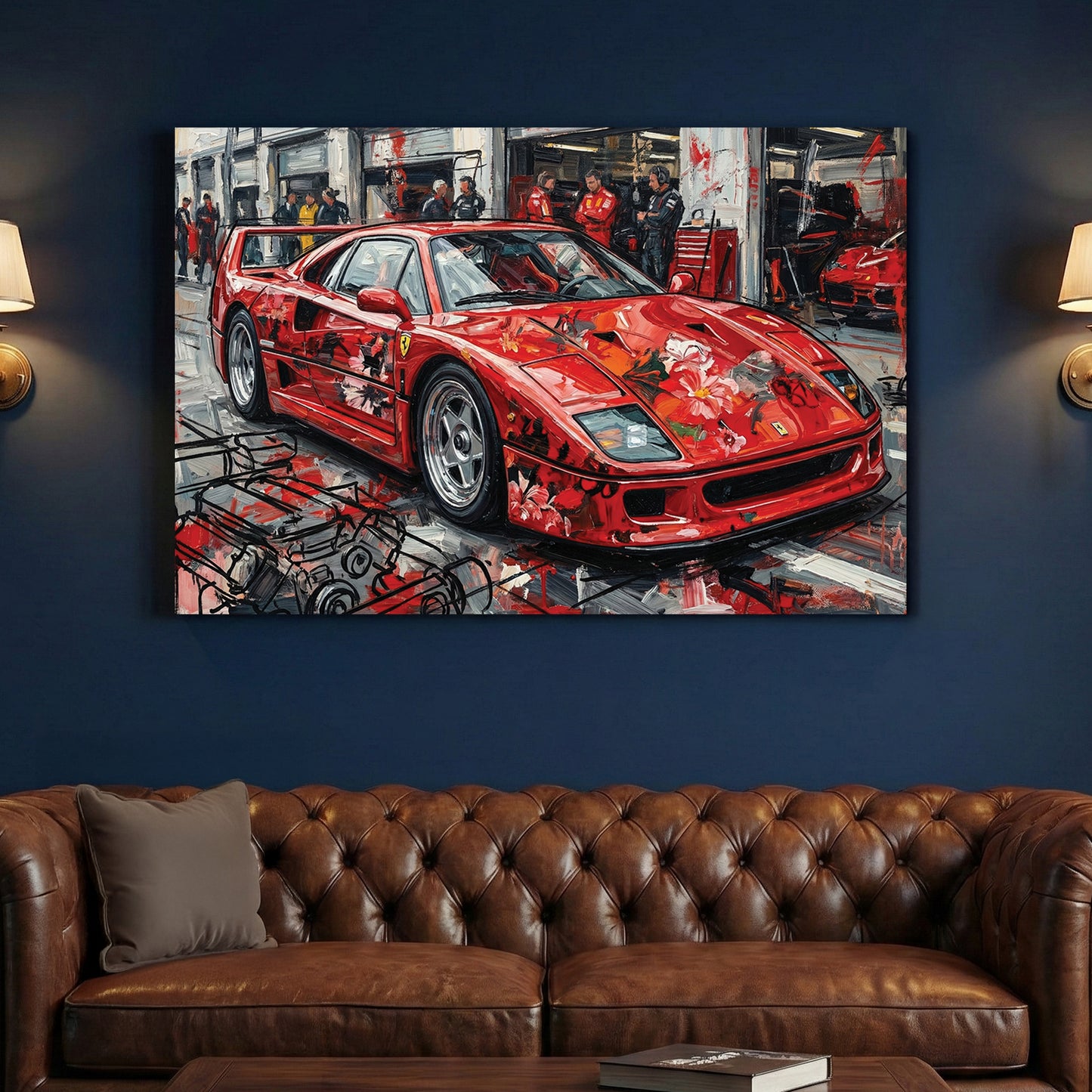 Red Ferrari F40 Supercar canvas wall art print above a sofa in a contemporary living room