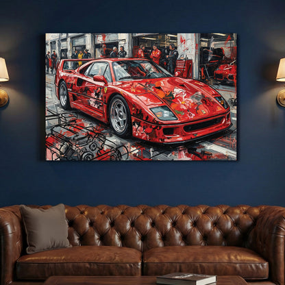 Red Ferrari F40 Supercar canvas wall art print above a sofa in a contemporary living room