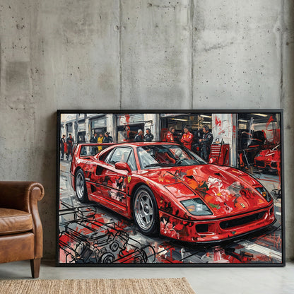 Red Ferrari F40 Supercar framed canvas wall art print in a gallery-style display